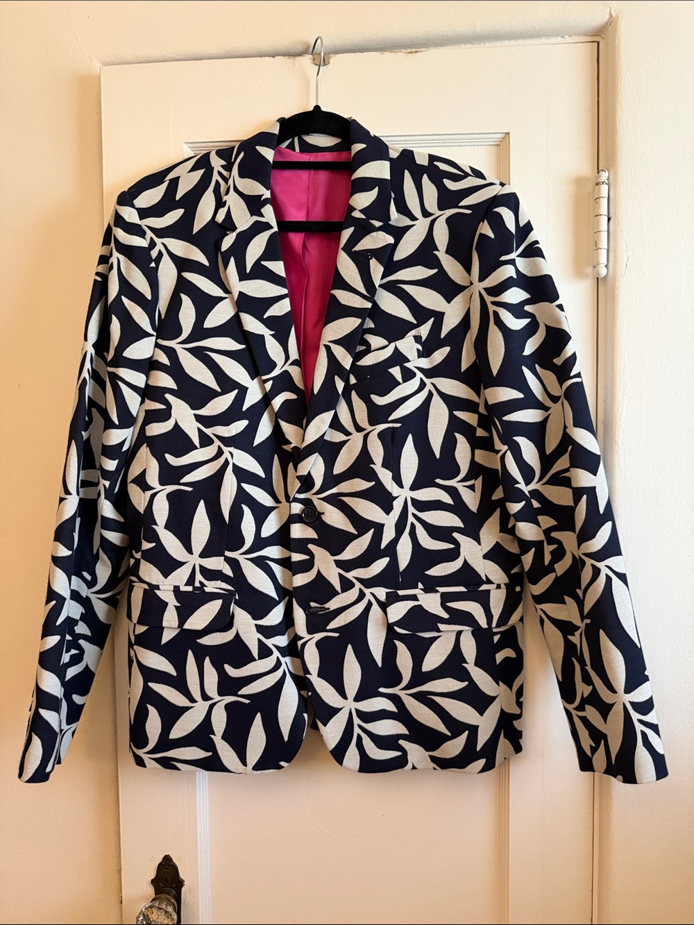 Men's Navy & White Leaf-Print Blazer with Contrast Lining